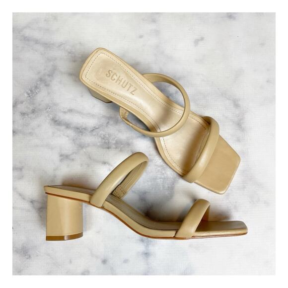 Schutz Ully Lo Beige Double Strap Leather Slide Heeled Sandals - Picture 1 of 11